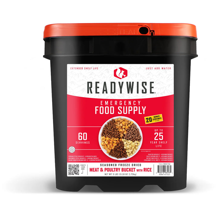 60 Serving Freeze Dried Meat Bucket + 20 Servings Of Rice