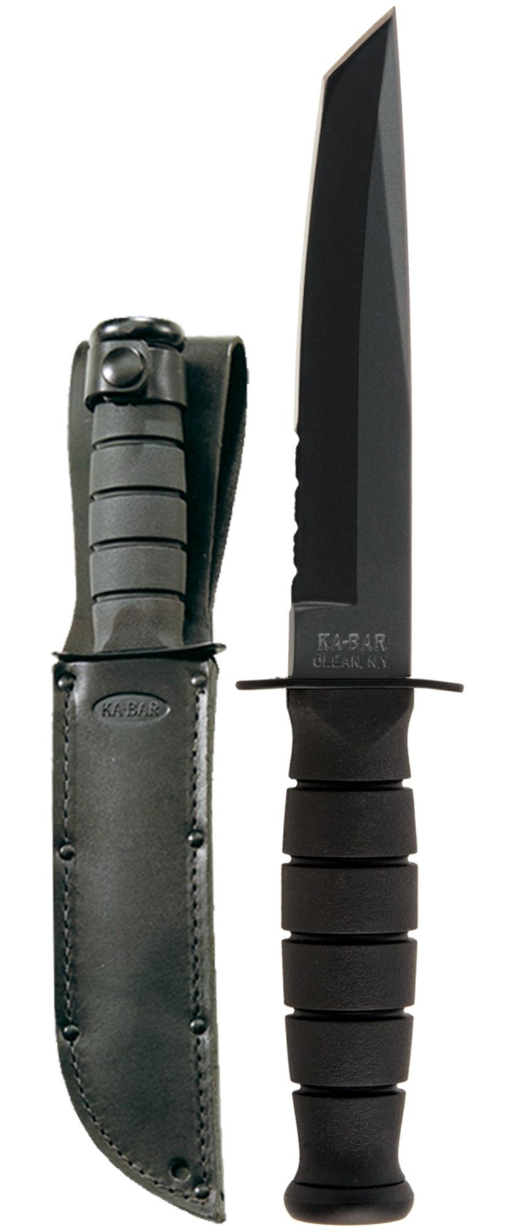 Short Tanto Ka-Bar, (Serrated Blade, Leather Sheath)