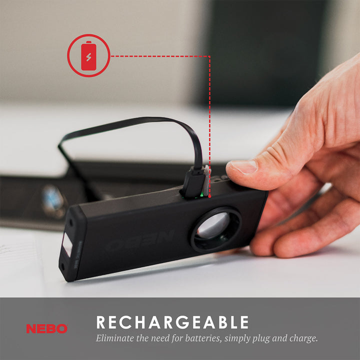NEW FROM NEBO! The SLIM+ is a thin, ergonomic rechargeable 700 lumen pocket light with a red laser pointer and a Power Bank for your USB powered devices. Equipped with full dimming and Power Memory Recall, the SLIM+ also features a detachable magnetic pocket clip, collapsible hanging hook and powerful magnetic base