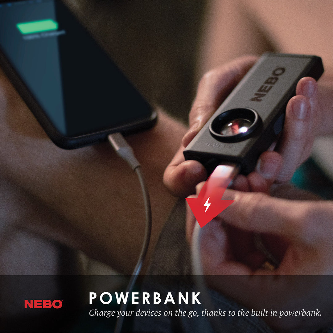NEW FROM NEBO! The SLIM+ is a thin, ergonomic rechargeable 700 lumen pocket light with a red laser pointer and a Power Bank for your USB powered devices. Equipped with full dimming and Power Memory Recall, the SLIM+ also features a detachable magnetic pocket clip, collapsible hanging hook and powerful magnetic base