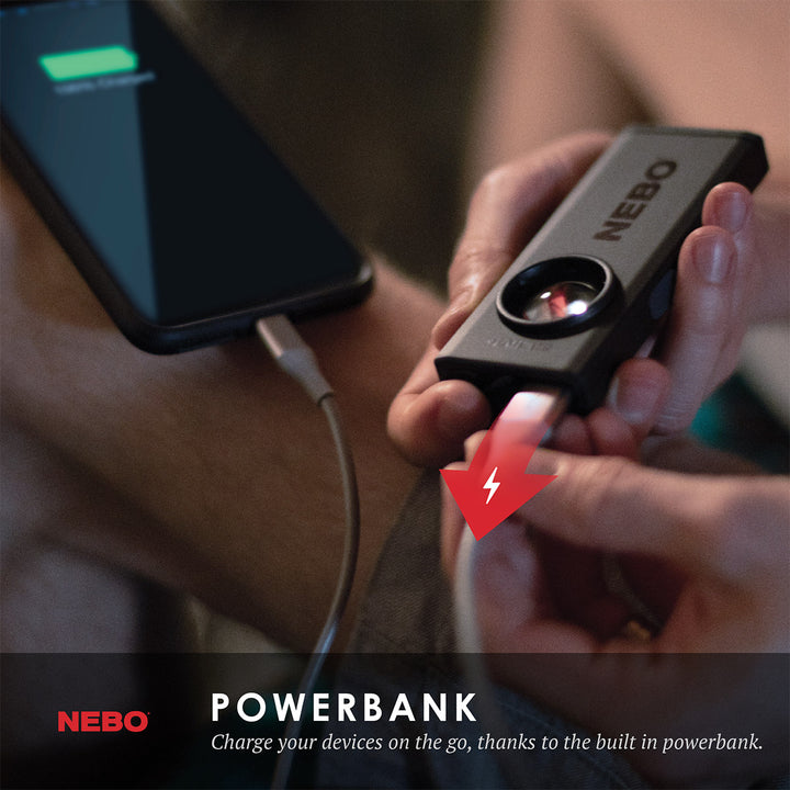 NEW FROM NEBO! The SLIM+ is a thin, ergonomic rechargeable 700 lumen pocket light with a red laser pointer and a Power Bank for your USB powered devices. Equipped with full dimming and Power Memory Recall, the SLIM+ also features a detachable magnetic pocket clip, collapsible hanging hook and powerful magnetic base
