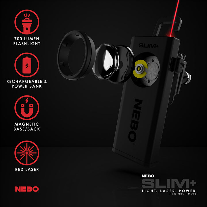 NEW FROM NEBO! The SLIM+ is a thin, ergonomic rechargeable 700 lumen pocket light with a red laser pointer and a Power Bank for your USB powered devices. Equipped with full dimming and Power Memory Recall, the SLIM+ also features a detachable magnetic pocket clip, collapsible hanging hook and powerful magnetic base