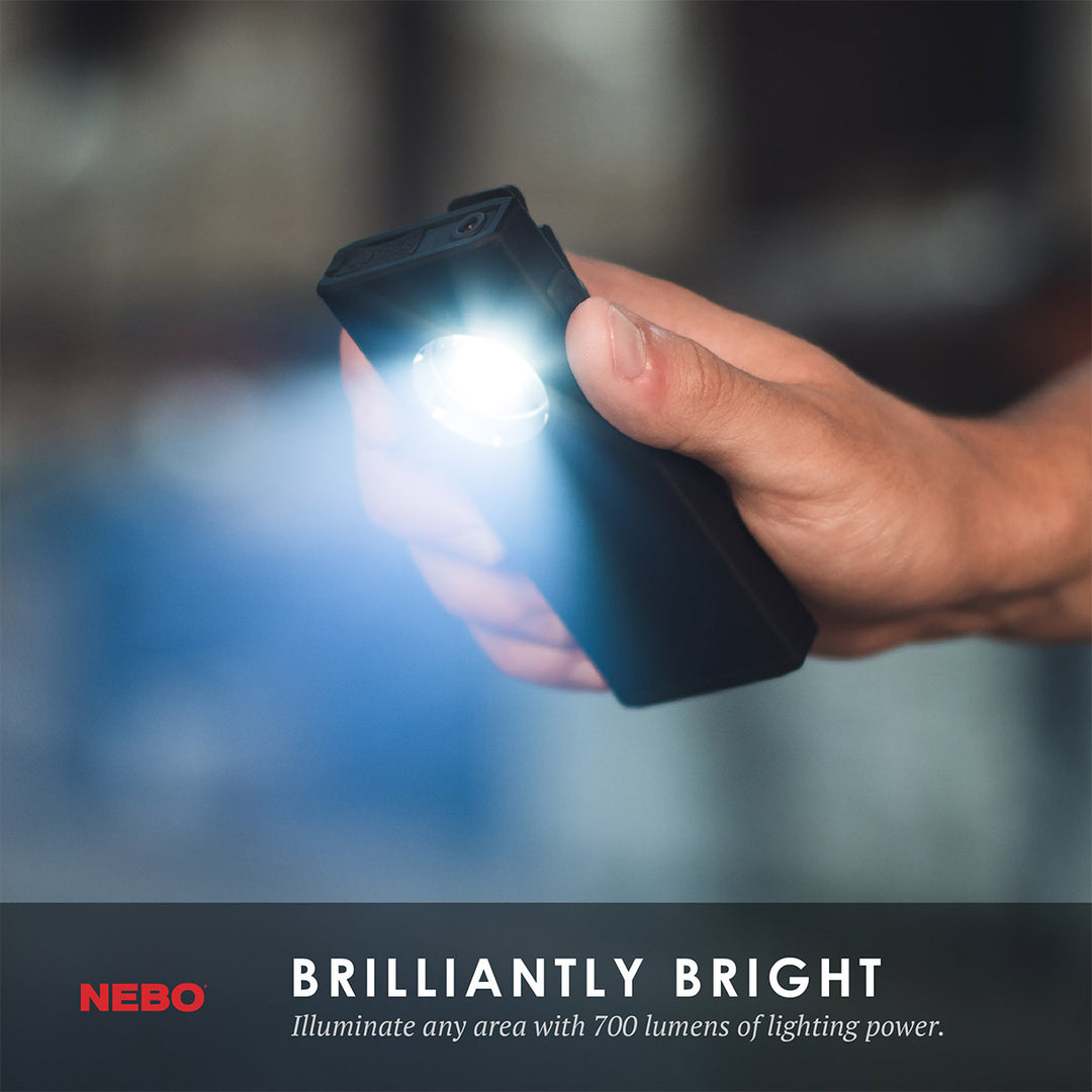 NEW FROM NEBO! The SLIM+ is a thin, ergonomic rechargeable 700 lumen pocket light with a red laser pointer and a Power Bank for your USB powered devices. Equipped with full dimming and Power Memory Recall, the SLIM+ also features a detachable magnetic pocket clip, collapsible hanging hook and powerful magnetic base