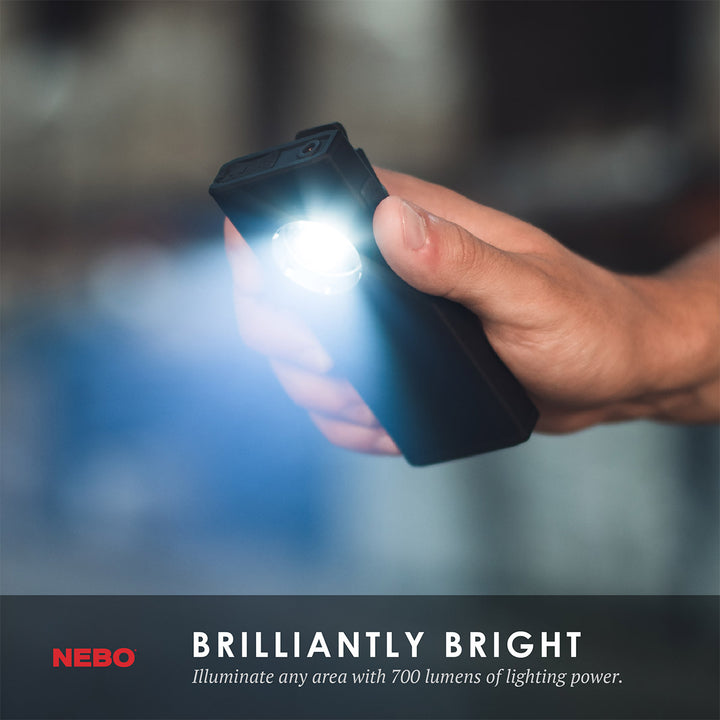 NEW FROM NEBO! The SLIM+ is a thin, ergonomic rechargeable 700 lumen pocket light with a red laser pointer and a Power Bank for your USB powered devices. Equipped with full dimming and Power Memory Recall, the SLIM+ also features a detachable magnetic pocket clip, collapsible hanging hook and powerful magnetic base