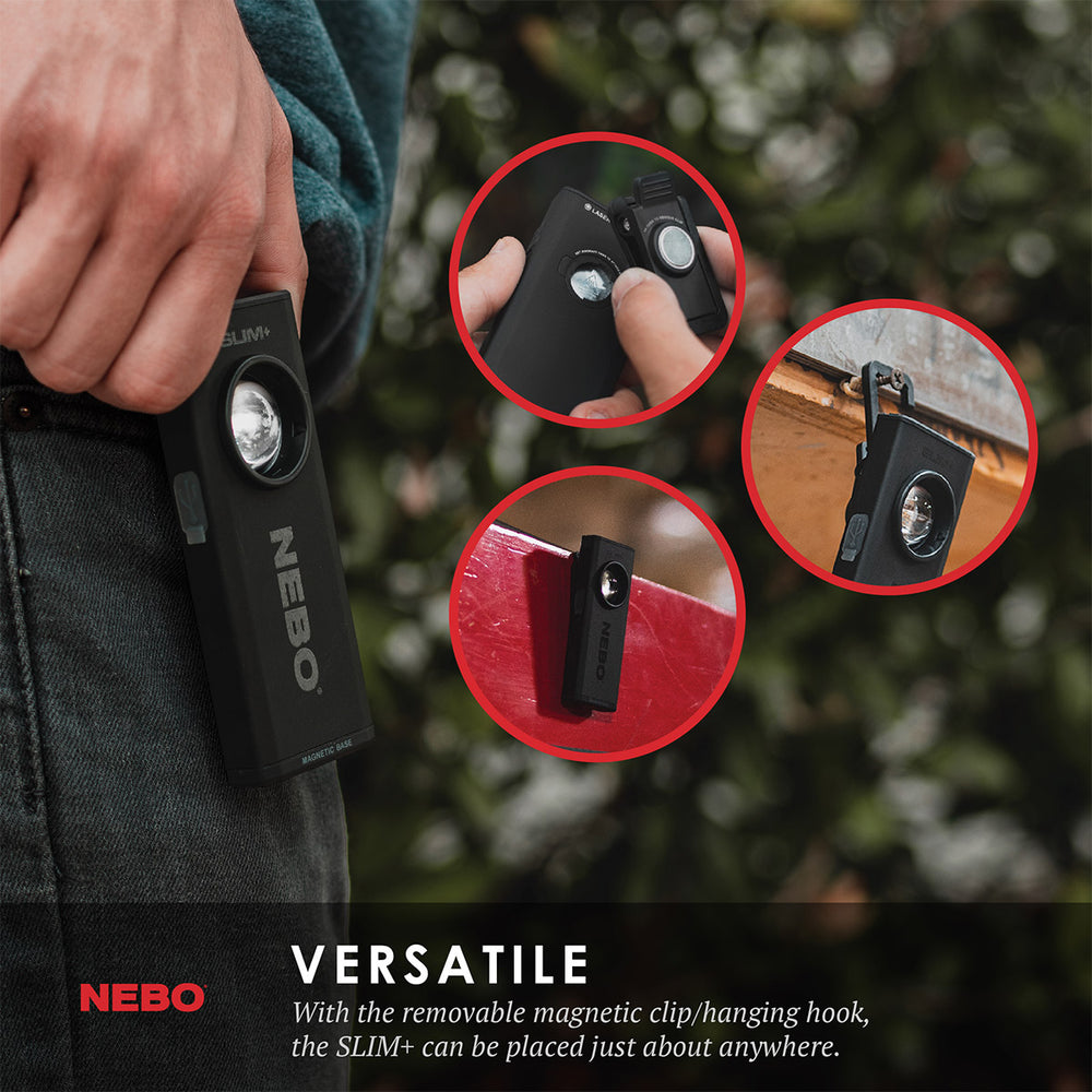 NEW FROM NEBO! The SLIM+ is a thin, ergonomic rechargeable 700 lumen pocket light with a red laser pointer and a Power Bank for your USB powered devices. Equipped with full dimming and Power Memory Recall, the SLIM+ also features a detachable magnetic pocket clip, collapsible hanging hook and powerful magnetic base