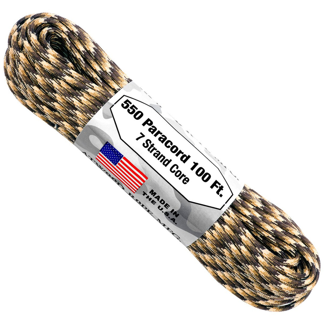 7 Strand 550 lbs Paracord  Paracord Is a must have for all outdoor and survival enthusiasts. This rope has almost endless uses and qualities. Great For survival bracelets,  camping, Backpacking, military, survival kits / bug out bags, ETC.   • 7 Strand Core  • lightweight & Strong  • UV resistant  • Rot & Mildew Resistant  • Color Will not run or bleed  • Made in the USA